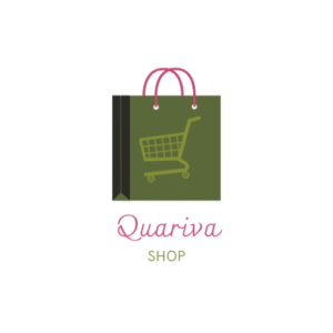 Logo de Quariva Shop représentant un sac de shopping stylisé en vert foncé avec une poignée rose. À l'intérieur du sac, un chariot de courses est dessiné en vert clair. Le nom "Quariva" est inscrit en dessous dans une police élégante et rose, avec "SHOP" écrit en dessous dans un style simple et en vert.