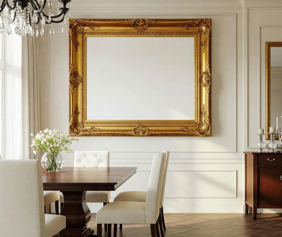 Un grand cadre doré vide accroché sur un mur neutre d'une salle à manger moderne, éclairée par la lumière du jour.