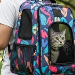 Un homme portant un sac a dos chat à motif coloré, avec un chat à l'intérieur, dans un parc.