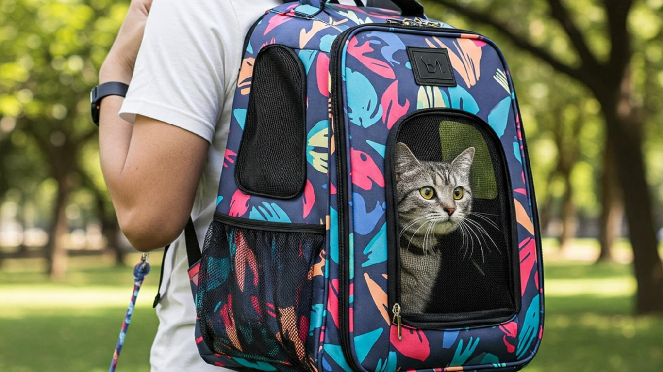 Un homme portant un sac a dos chat à motif coloré, avec un chat à l'intérieur, dans un parc.