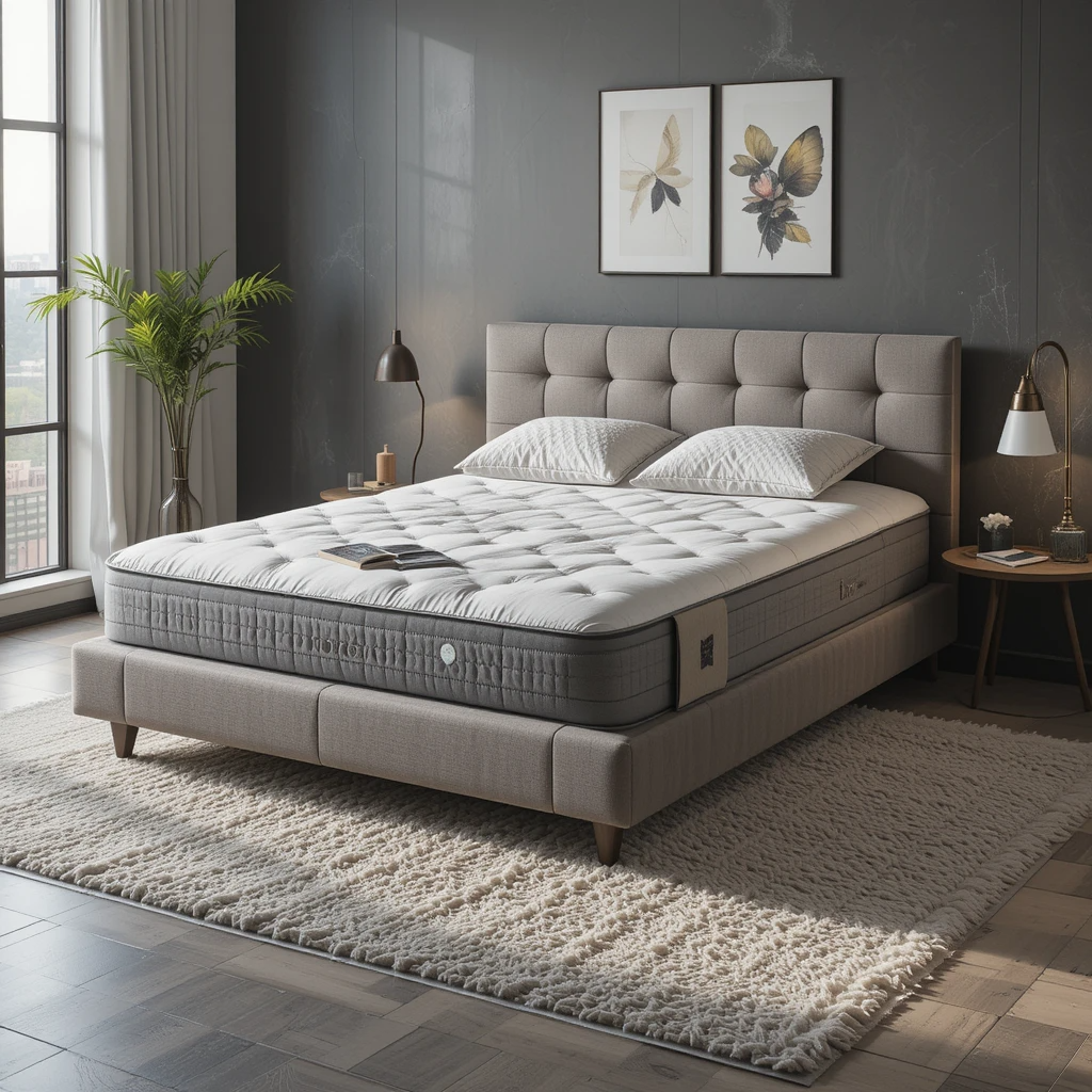 Matelas 200x200 sur un lit moderne avec une tête de lit capitonnée et des coussins confortables.