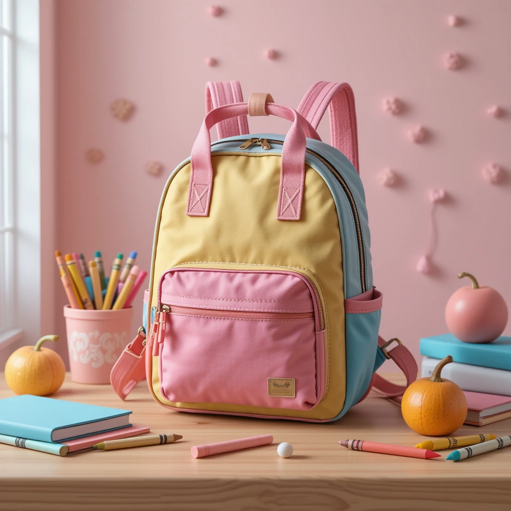 Sac a dos maternelle coloré pour enfants, avec une poche avant et des bretelles ajustables, sur un fond pastel.