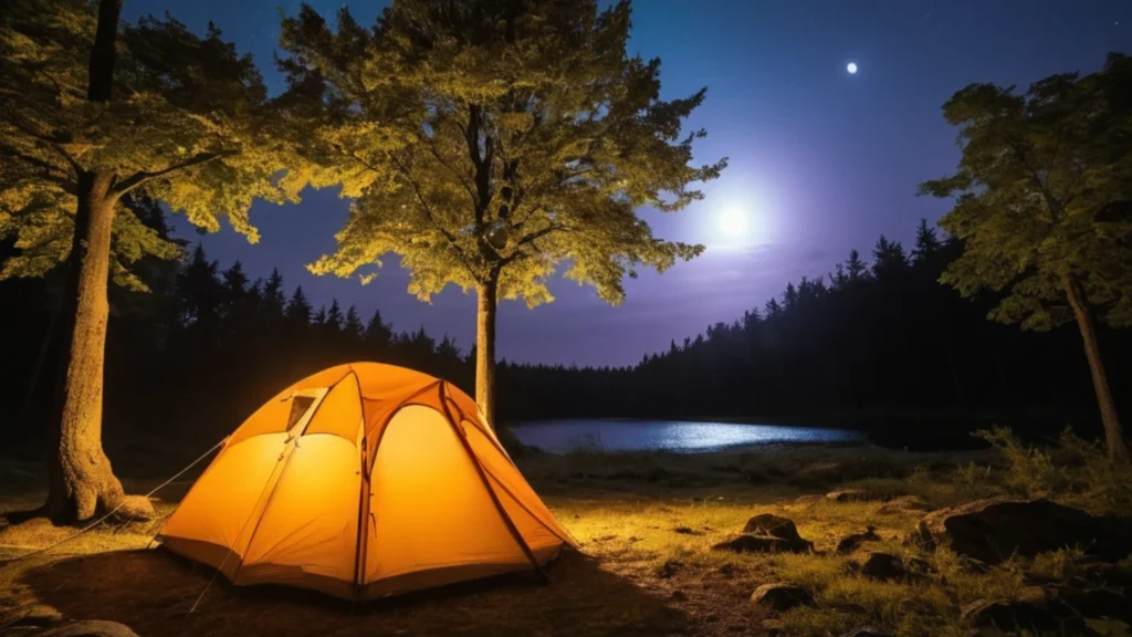 Une tente orange lumineuse installée au bord d'un lac sous un ciel étoilé, avec une lumière douce projetée par une lampe baladeuse à proximité.